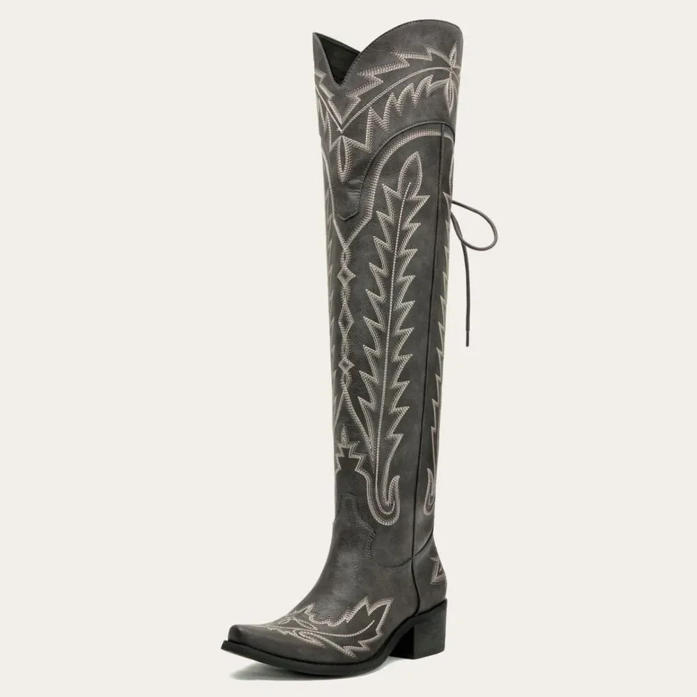 REDTOP The Ross Grey Over-the-Knee Wide Calf Cowgirl Boots Back Tie & Embroidery